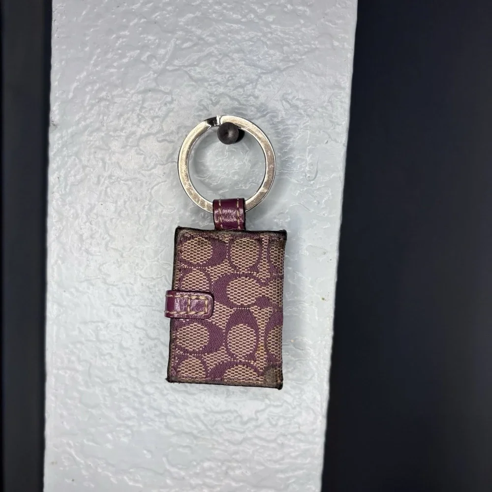 Vtg Coach Purple Signature Leather Photo Frame Keychain Purse Charm
